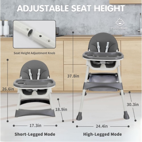 Baby High Chair, 6 in 1 Convertible High Chairs for Babies and Toddlers with 5-Point Safety Harness,Foldable High Chair for Space-Saving, Adjustable Dining Tray,Backrest & Height,Easy to Clean Surface