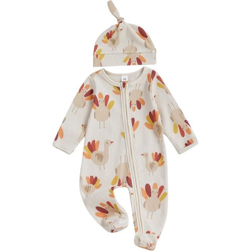 My First Thanksgiving Baby Boy Outfit Newborn Turkey Romper Waffle Knitted Long Sleeve Jumpsuit and Hat