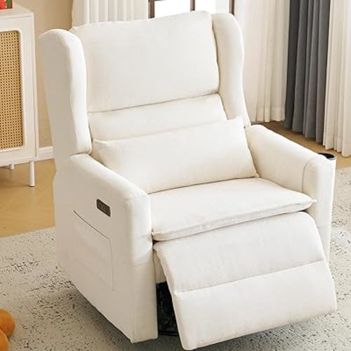 Power Recliner Chair Swivel Glider, Oversized Swivel Rocker Recliner with Adjustable Headrest,Comfy Chenille Glider Rocking Nursery Chair with Overstuffed Lumbar Support, USB Ports, White