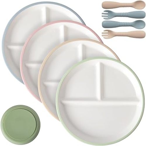 DOWAN 7.8'' Ceramic Toddler Suction Plates, 4 x Divided Baby Plates with Silicone Sleeve, Lead-Free Unspill for Self-Feeding, Microwave & Dishwasher Safe, Easy Release, for Home/High Chair/On-the-Go