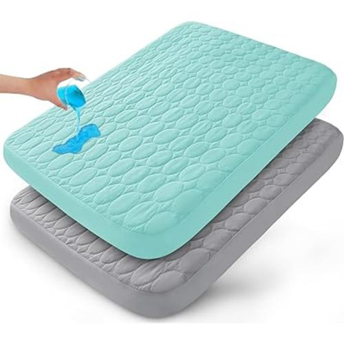 Pack and Play Sheets Fitted Quilted Waterproof Protector, 2 Pack Playard Mattress Pad Compatible with Graco Pack n Play, Mattress Cover fits for Baby Playpen Mattress, Mini Crib, Gray & Aqua