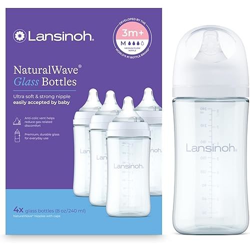 Lansinoh Glass Baby Bottles, Anti-Colic, White, 8oz, 4 Count, with Medium Flow Nipples (Size M, 3-6 Months), Baby Feeding Essentials