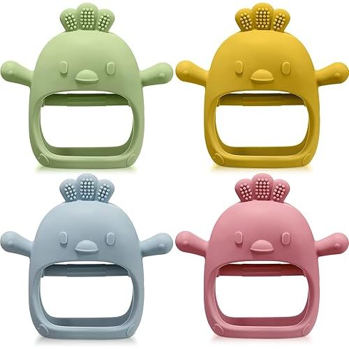 4 Packs Baby Teething Toy Silicone Teething Toys for Babies 0-6 Months Anti Dropping Wrist Hand Teethers Mitten Chick Baby Chew for Sucking Needs