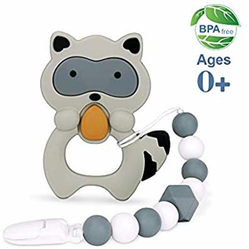 moopok Baby Teething Toys, Teething Pain Relief, Silicone Teether with Pacifier Clip Natural BPA Free Raccoon for Freezer - Best Newborn Shower Gifts for Trendy Boy or Girl (Black)