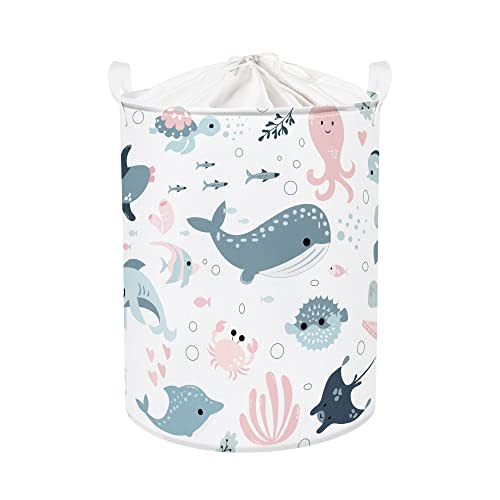 Clastyle Marine Animals Bubbles Kid Laundry Basket with Lid Foldable Sea Shark Dirty Clothes Hamper Round Toy Clothes Pool Beach Towel Basket, Pink Mermaid, 40 * 50 cm