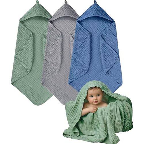 Muslin Hooded Baby Towels, 3 Pack Cotton Baby Bath Towels with Hood for Newborn, Babies, Infant, Toddler, Soft and Absorbent Baby Shower Towel Newborn Essential (35 X 35'') (Green + Grey + Dark Blue)