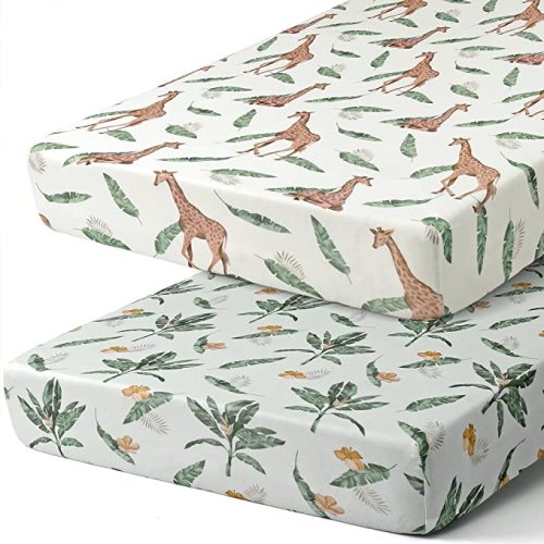 Stretchy Crib Sheets Set BROLEX 2 Pack Portable Crib Mattress Topper for Baby Boys Girls,Ultra Soft Jersey Knit,Giraffe Leaf