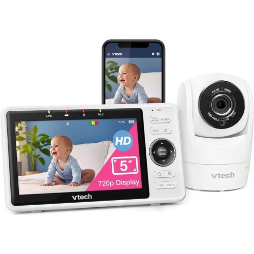 VTech VM901 Smart WiFi Baby Monitor with 1080p FHD Camera and 5" HD IPS Display, Free App, Remote Pan Tilt Zoom, Night Vision, Motion Detection Alerts