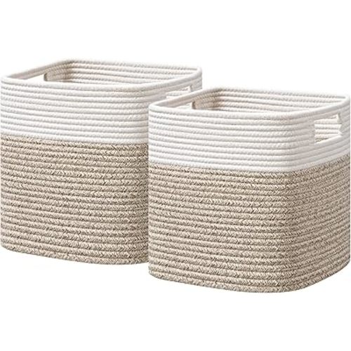 UBBCARE Storage Cubes 11 Inch, Cotton Rope Woven Baskets for Organizing, Cube Storage Bin for Baby Nursery, 2-Pack Square Toy Storage Baskets for Shleves Organizer, Closet, Kidsroom, Brown