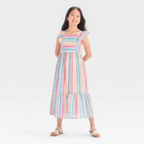 Girls' Sleeveless Striped Knit Midi Dress - Cat & Jack™ Cream/Yellow XS: Squareneck, Side Pocket, A-Line