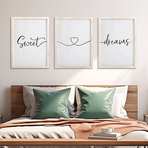 Sweet Dreams Wall Decor Above Bed 16''×12'' Set of 3 Farmhouse Bedroom Decor Wood Guest Room Decor Framed Wall Art (white frame)