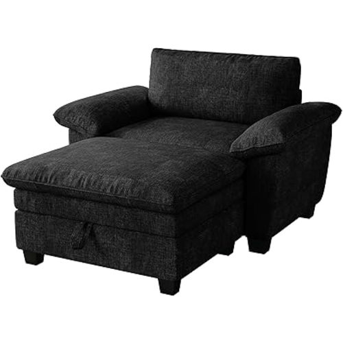 Hanherry 51''x63'' Cloud Chaise Lounge Chair Indoor with Storage Ottoman, Oversized Chenille Lounge Sofa, Comfy Reading Chair for Bedroom, Living Room, Office(Black)
