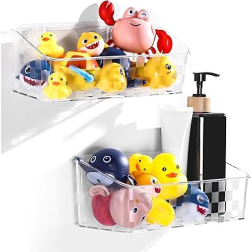 Bath Toy Storage Holder For Bathtub, Wall Mounted Shower Bath Tub Baby Toy Organizer, Hanging Clear Plastic Shower Caddy for Bathroom，2 PACK