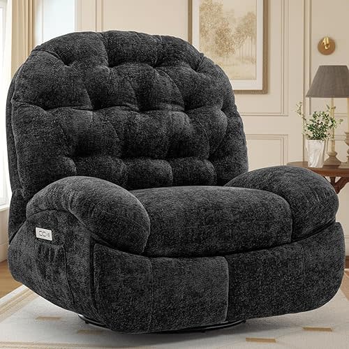 Oversized Swivel Recliner Chair, Nursery Rocking Power Recliner Chair for Adults, Electric Recliner, Comfortable Soft Shell Shaped Recliner with USB Ports and Storage for Living Room
