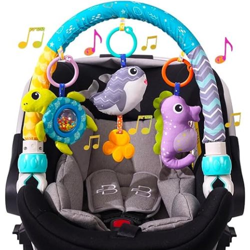 Baby Stroller Arch Toy, Clip On Arch Mobile for Bassinet with Universal Clamps, Activity Toy Bar for Bouncer Musical Crib Mobile Toys for Infants Car Seat Toys Rattle Turtle Music Whale
