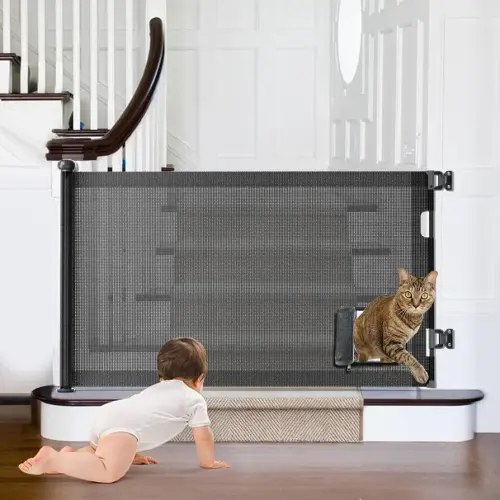 Retractable Baby Gates, Pet Gate with Cat Door - 33" Tall, Extends to 55" Wide, Mesh Baby Gate with Door for Cats/Small Dogs, Easy Install for Doorways, Indoor &Outdoor,Black