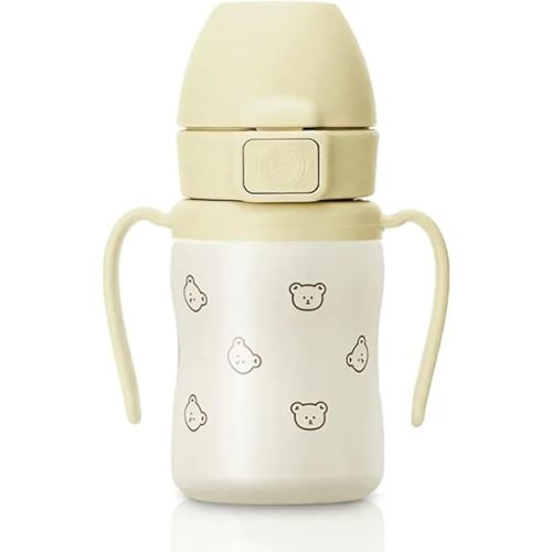 GROSMIMI Insulated 316 Stainless Steel Spill Proof Straw Cup, Water bottle with Flip Top for Toddlers, BPA Free (bear, 6oz)