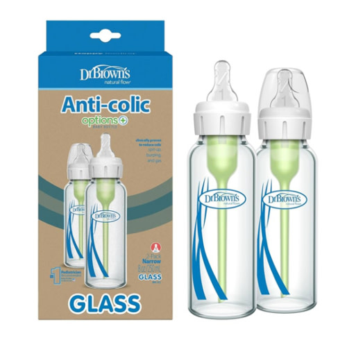 Dr. Brown's Natural Flow Anti-Colic Options+ Narrow Glass Baby Bottle 8 oz/250 mL, with Level 1 Slow Flow Nipple, 2 Pack, 0m+