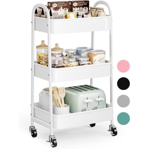 Heavy Duty 3 Tier Rolling Cart Metal with Wheels, White Three Tiered Craft Cart Organizer on Wheels, Small Utility Roller Storage Carts for Art, Baby, Diaper Caddy, Snack, Book, Nail,Cleaning Supplies