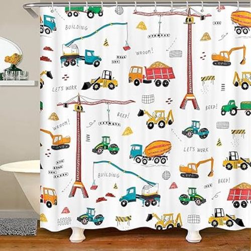Kid Excavator Shower Curtain, Tractor Machinery Trucks Shower Curtain, Construction Vehicle Shower Curtain For Boys, Bulldozer Crane Bath Curtain Equipment Truck Shower Curtain, 72" W x 78" L