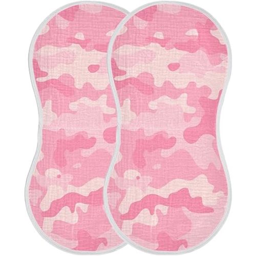 Kigai Girly Pink Camo Muslin Baby Burp Cloths, Large Absorbent Cotton Muslin Burp Cloths Set of 2, Washcloths, Face Towel, Bibs for Newborn Boys Girls, 11 x22 Inch