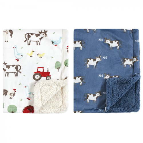 Hudson Baby Infant Boy Plush Mink and Faux Shearling Blanket, Boy Farm Animals, One Size