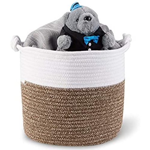 Polarduck Cotton Rope Basket 13” x 12” x 11”, Baby Laundry Basket, Laundry Hamper, Woven Blanket Basket, Nursery Bin Organizer, Toys Storage Basket with Lucky Knots Handle, (Natural White & Jute) - Medium