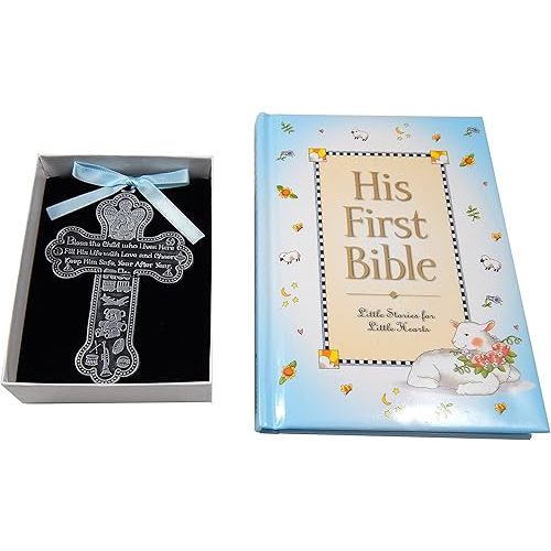 Baby Boy First Bible and 4" Pewter Baptism Guardian Angel Crib Cross (Original Version)