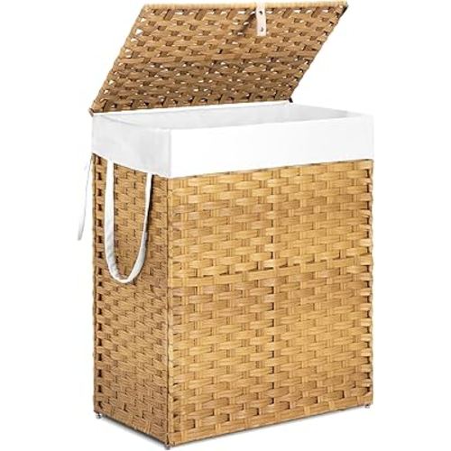 Woven Laundry Basket with Lid, Large Hamper with Removable and Machine-Washable Liner, Foldable Rattan Clothes Hamper, Sturdy Steel Frame, Odor Control, 90L Capacity, Goose Yellow