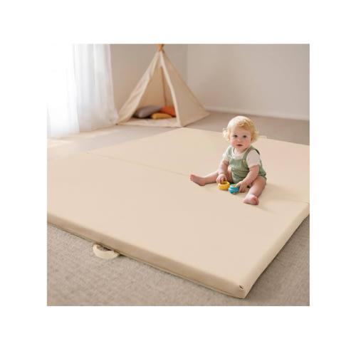 Foldable Baby Play Mats for Floor Vegan Leather 1.5 Inch Extra Thick Foam Play Mat for Kids for Playpen,Wipe-Clean Waterproof, Travel with Storage Bag,Crawling Mats for Toddlers&Infants,Beige