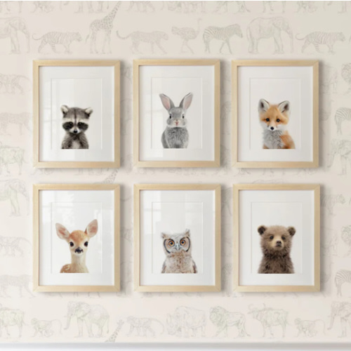 Framed Woodland Animals Set of 6 Nursery Art - 8x11 Art in 13x16 Frame (Set of 6) / With Mat / Natural - The Crown Prints