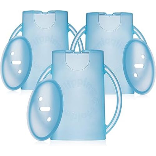 Squeeze Proof Food Pouch Holder for Toddlers, Babies, Kids, Mess Free No Squeeze Juice Box Drink Holder with Easy Grip Handles and Lid - Made in USA (Blue 3 Pack)