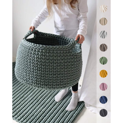 Large Standing Basket with Handles, Massive Crochet Organizer for Bedroom, Nursery Toy Bin, Laundry Room Hamper Bag. Laurel Green.