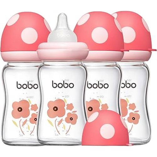 YOHKOH Natural Glass Baby Bottle with Natural Response Nipple, Newborn Anti-Colic Baby Bottles, Wide Neck Mushroom Cap Baby Bottle, Clear ((5.4oz (Pack of 4), Red)