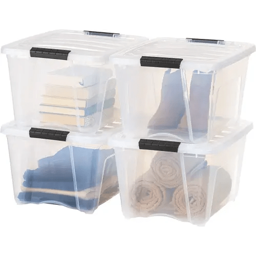 IRIS USA 32 Quart Stackable Plastic Storage Bins with Lids and Latching Buckles, 4 Pack - Clear, Containers with Lids and Latches, Durable Nestable Closet, Garage, Totes, Tubs Boxes Organizing