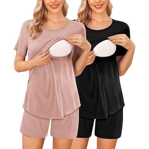 Ekouaer 2 Pack Women's Nursing Pajamas Set Double Layer Maternity Pjs Postpartum Loungewear Set Breastfeeding Tops & Shorts