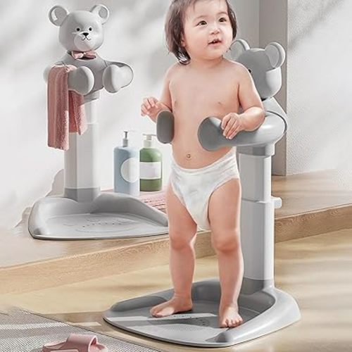 Baby Shower Stand, Adjustable Height Infant Bath Standing Support with Anti-Slip Base, Portable Bath Helper, Hug Tower Bath Shower Support for Infants & Toddlers Grey
