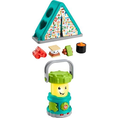 Bundle of Fisher-Price Shape Sorter S’More Shapes Camping Tent + Fisher-Price Laugh & Learn Baby Learning Toy, Camping Fun Lantern, Pretend Camping Gear with Lights & Music