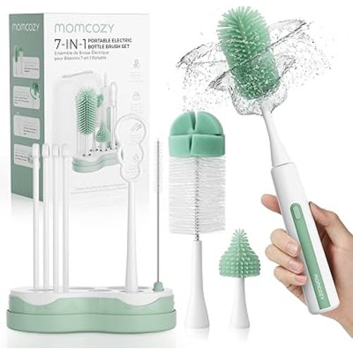 Momcozy 7 in 1 Electric Bottle Brush Kit, Portable Cleaning Set with Formula Mixer, Silicone Brush, Nipple Brush, Straw Brush, Soap Dispenser, Drying Rack - Long Battery Life for Home & Travel