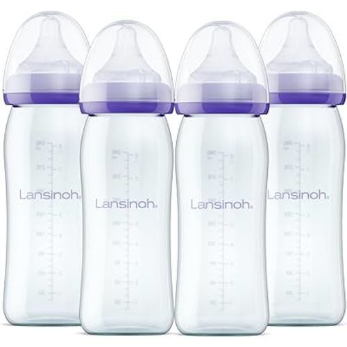 Lansinoh Anti-Colic Glass Baby Bottles for Breastfeeding Babies, 8 Ounces, 4 Count Bottles for Feeding, Baby Essentials, Includes 4 Medium Flow Nipples, Size M