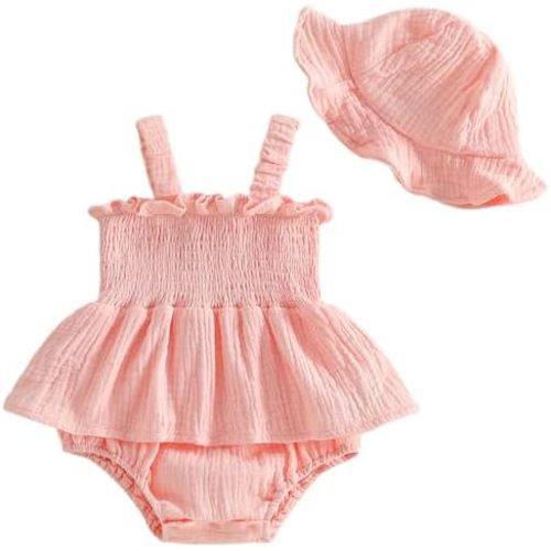 Mubineo Baby Girl Clothes Summer Dress Cotton Linen Romper Sleeveless Smocked Rompers Sun Dress Hat Skirt Boho Outfits