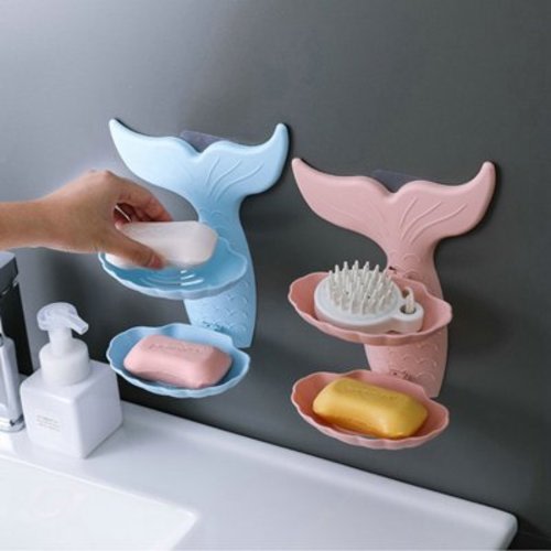 Worgeous 1pc Soap Dish Holder Rack Punch Free Double Layers Wall Mounted Bathroom Shower Rack Fish Tail Shape Design for Home (Blue)