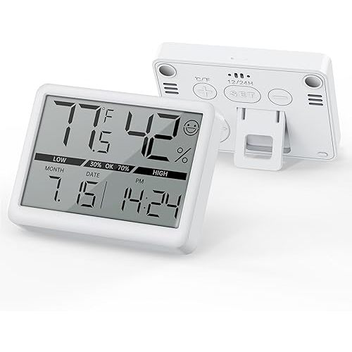 Deeyaple Humidity Meter Thermometer Digital Travel Clock Magnetic Battery Powered High Accuracy Display Temperature(℉/℃) Date 12/24H Time LCD Large Number Outdoor Indoor Hygrometer No Alarm