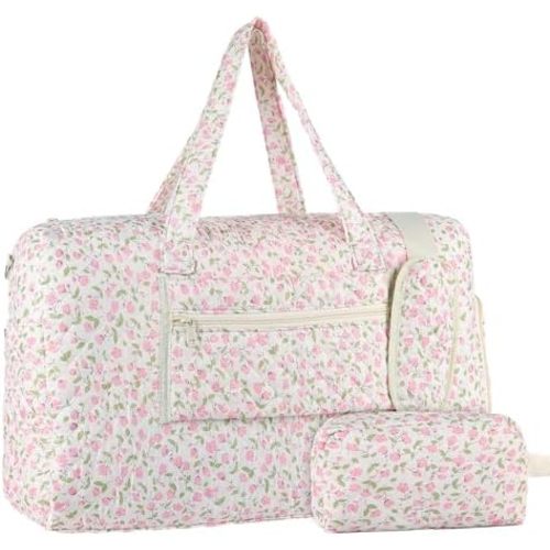 Large Pink Floral Quilted Duffle Bag, Coquette Floral Portable Gym Lightweight Weekender Bag for Women, Handbag with Makeup Pouch with Dry and Wet Separation for Travel Hospital