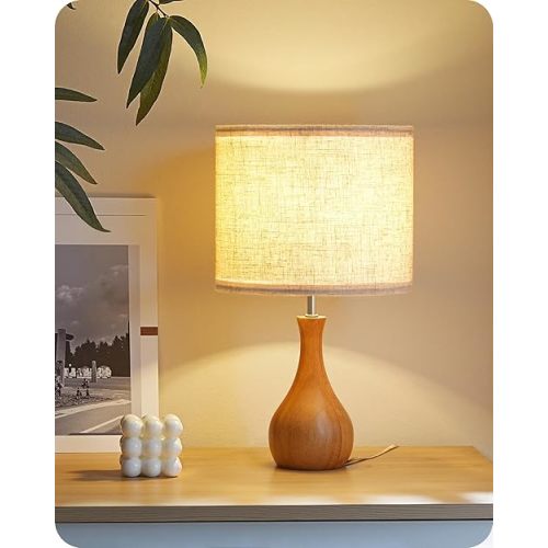 Small Table Lamp, Wood Desk Lamp with Bottle-Shaped Base and Linen Lampshade, Bedside Lamp with Cable, E26 Base, Bulb Not Included, for Living Room, Bedroom, Beige and Dark Natural LE09TL05