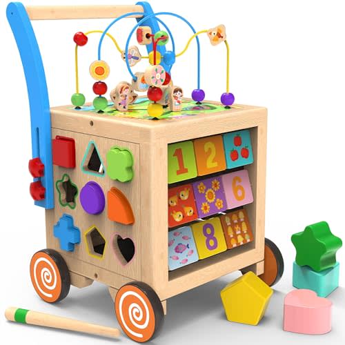 WOODMAM 9-in-1 Wooden Activity Cube | Wooden Baby Walker, Sit-to-Stand Learning Walker Activity Center, Early Educational Push & Pull Toys for Baby Toddler Boys Girls, Height & Brake Adjustable