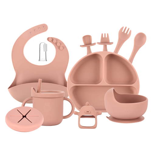 SnugBug 12-Piece Silicone Baby Bib Set with Sippy Cup, Plates, Bowl and Teething Toy