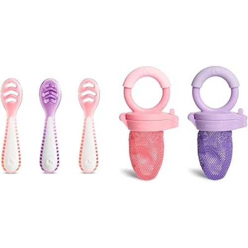 Munchkin® Gentle DipTM First Spoon Set for Baby Led Weaning, Self Feeding, 3 Pack and Fresh Food Feeder, 2 Count, Coral/Purple
