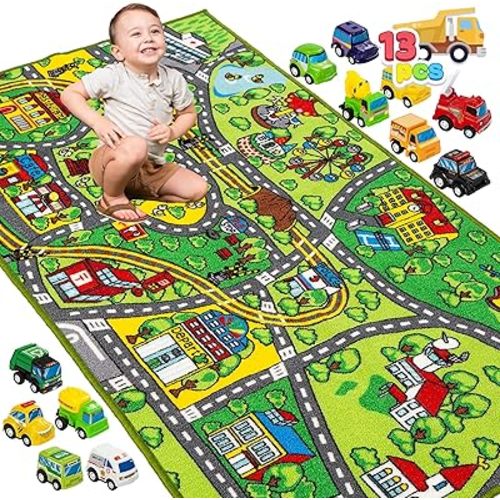 JOYIN Carpet Playmat w/ 12 Cars Pull-Back Vehicle Set for Kids Age 3+, Jumbo Play Room Rug, City Pretend Play Multiple Color