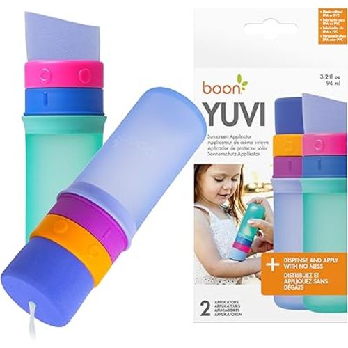Boon Yuvi Sunscreen Applicator for Kids - Includes Angled and Flat Attachments - Refillable and Spill Proof Kids Sunscreen Brush with Soft Foam Sponge - Vacation Essentials - 3 Oz - 2 Count